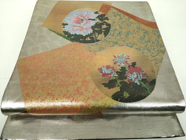 平和屋着物▼西陣　きたむら謹製　太鼓柄袋帯　螺鈿箔　色紙重ね花丸文　金銀彩　証紙付き　正絹　逸品　未使用　DABF7324ps