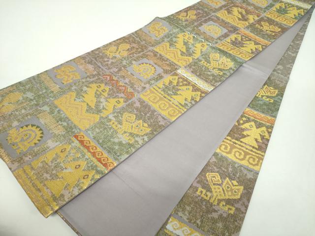 平和屋着物▼六通柄袋帯　羅弦織　格子鳥獣花文　金糸　正絹　逸品　DABF7332ps