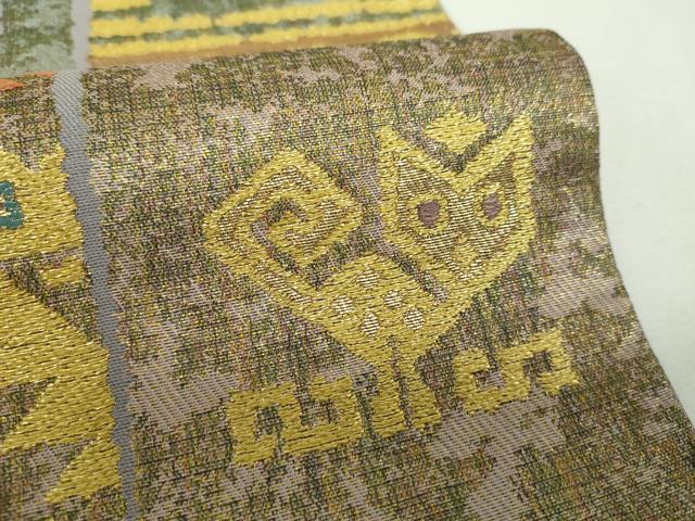 平和屋着物▼六通柄袋帯　羅弦織　格子鳥獣花文　金糸　正絹　逸品　DABF7332ps