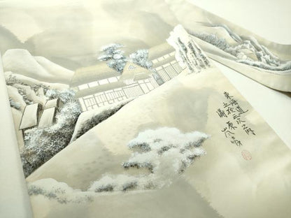 平和屋着物▼九寸名古屋帯 作家物 刺繍 手描き 東海道五拾三次之内 蒲原 正絹 逸品 DABF7347ps