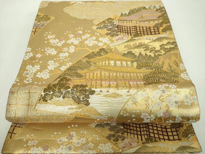 平和屋着物▼佐賀錦　六通柄袋帯　地紙風景花文　金糸　正絹　逸品　DABF7352ps