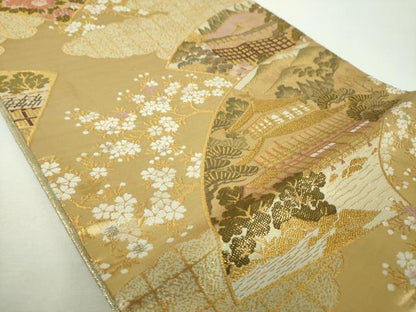 平和屋着物▼佐賀錦　六通柄袋帯　地紙風景花文　金糸　正絹　逸品　DABF7352ps