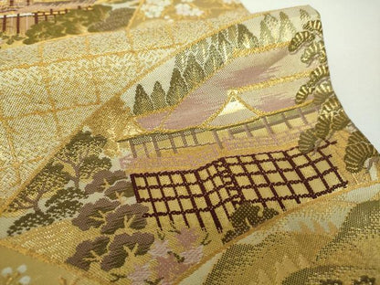 平和屋着物▼佐賀錦　六通柄袋帯　地紙風景花文　金糸　正絹　逸品　DABF7352ps