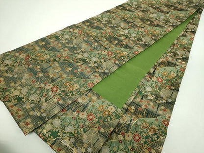 平和屋着物▼全通柄袋帯　唐織　道長花文　金糸　正絹　逸品　DABF7365ps