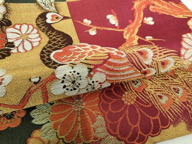 平和屋着物▼アンティーク　大正ロマン　九寸名古屋帯　市松孔雀花文　金糸　正絹　逸品　DABF7367ps