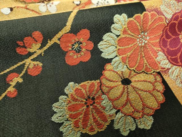 平和屋着物▼アンティーク　大正ロマン　九寸名古屋帯　市松孔雀花文　金糸　正絹　逸品　DABF7367ps