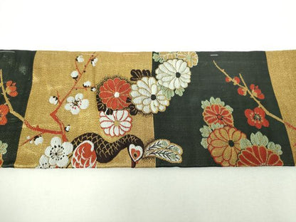 平和屋着物▼アンティーク　大正ロマン　九寸名古屋帯　市松孔雀花文　金糸　正絹　逸品　DABF7367ps