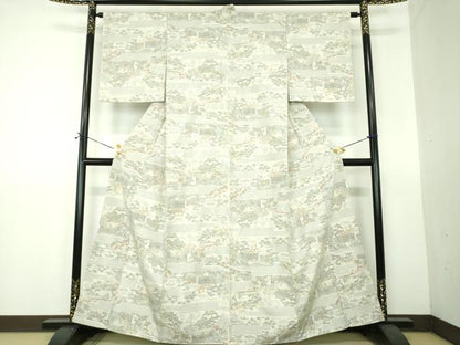平和屋着物●小千谷紬　100亀甲　風景花文　正絹　逸品　DABF7385ps