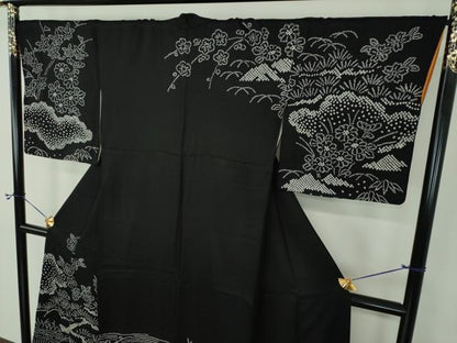 平和屋着物●訪問着　総絞り　雲取り花文　黒地　正絹　逸品　DABF7386ps