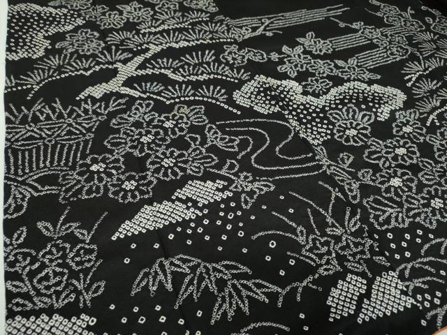 平和屋着物●訪問着　総絞り　雲取り花文　黒地　正絹　逸品　DABF7386ps