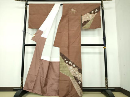 平和屋着物●訪問着　紬地　絞り　芒花文　金彩　正絹　逸品　DABF7389ps