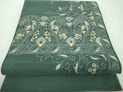 平和屋着物●西陣　じゅらく謹製　袋帯　紬地　刺し子　総刺繍　更紗花文　ラメ糸　正絹　逸品　未使用　DABF7403ps
