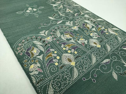 平和屋着物●西陣　じゅらく謹製　袋帯　紬地　刺し子　総刺繍　更紗花文　ラメ糸　正絹　逸品　未使用　DABF7403ps