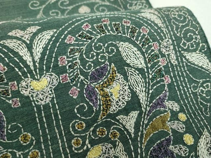 平和屋着物●西陣　じゅらく謹製　袋帯　紬地　刺し子　総刺繍　更紗花文　ラメ糸　正絹　逸品　未使用　DABF7403ps