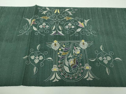 平和屋着物●西陣　じゅらく謹製　袋帯　紬地　刺し子　総刺繍　更紗花文　ラメ糸　正絹　逸品　未使用　DABF7403ps