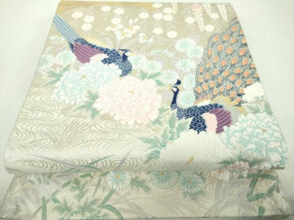 平和屋着物▼六通柄袋帯　唐織　四季草花孔雀文　金銀糸　正絹　逸品　未使用　DABF7430ps