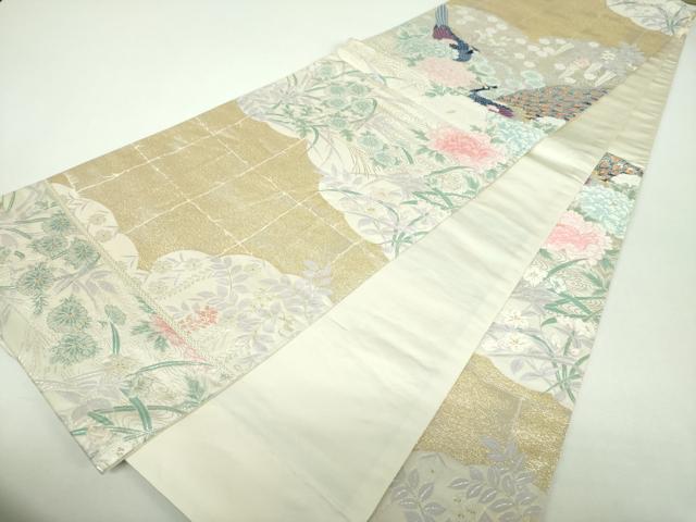 平和屋着物▼六通柄袋帯　唐織　四季草花孔雀文　金銀糸　正絹　逸品　未使用　DABF7430ps