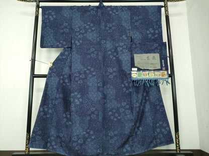 平和屋着物●本場真綿結城紬　天然の色　本草木染　藍染　亀甲花文　証紙付き　正絹　逸品　未使用　DABF7516ps