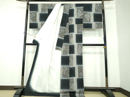 平和屋着物●上質な小紋　鹿の子市松　更紗花文　暈し染め　ロング丈　正絹　逸品　DABF7533ps