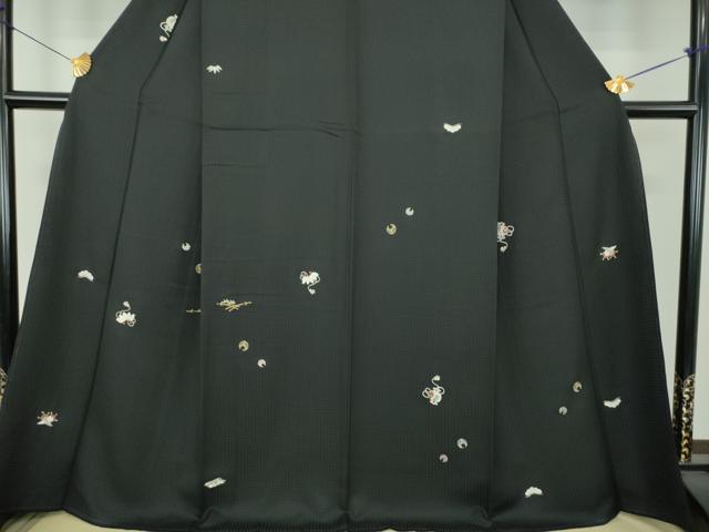 平和屋着物●訪問着　総刺繍　宝尽くし　黒地　金銀糸　正絹　逸品　DABF7536ps