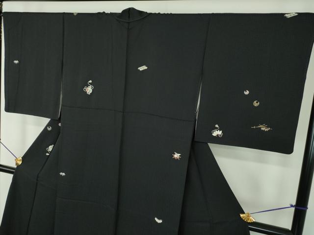 平和屋着物●訪問着　総刺繍　宝尽くし　黒地　金銀糸　正絹　逸品　DABF7536ps