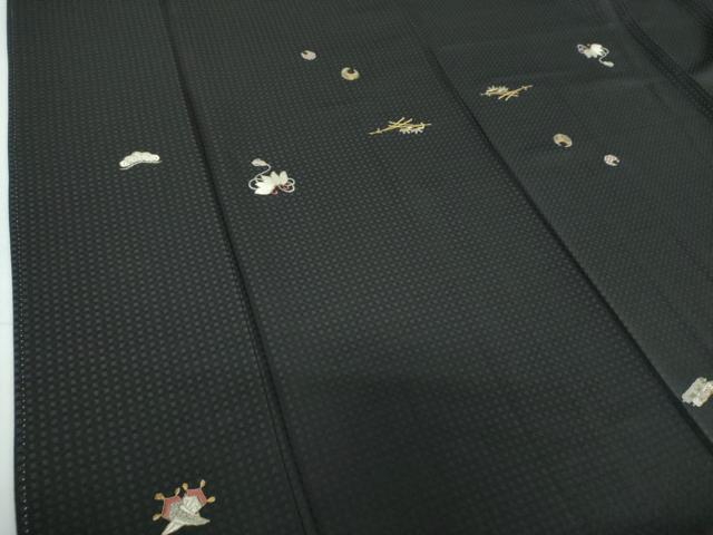 平和屋着物●訪問着　総刺繍　宝尽くし　黒地　金銀糸　正絹　逸品　DABF7536ps