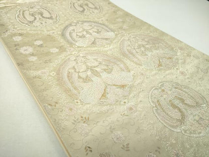 平和屋着物▼六通柄袋帯　向かい鳥亀甲花文　二重箔錦　金銀糸　正絹　逸品　DABF7567ps