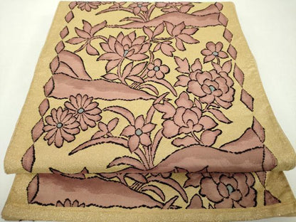 平和屋着物▼六通柄　本袋帯　草花文　金銀糸　正絹　逸品　DABF7581ps