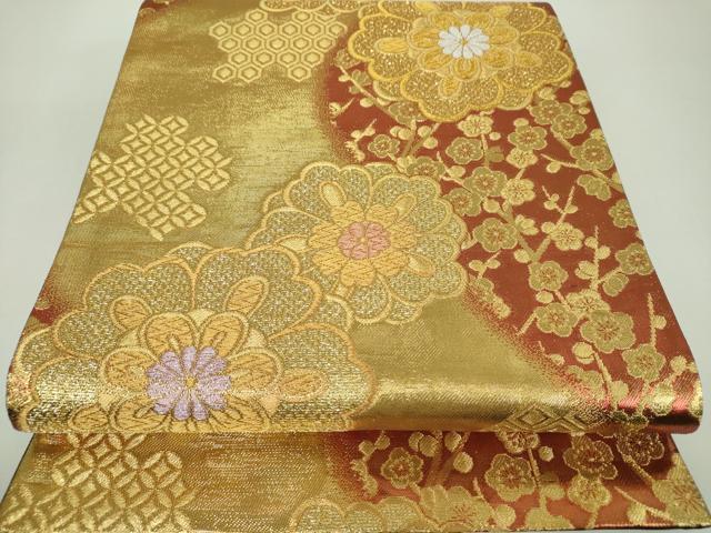 平和屋着物▼六通柄袋帯　槍梅　舞花文　金糸　正絹　逸品　DABF7652ps