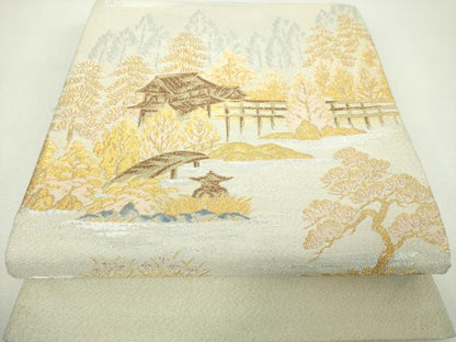 平和屋着物▼綴れ　太鼓柄袋帯　渡橋風景　金銀糸　正絹　逸品　DABF7665ps