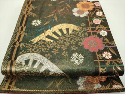 平和屋着物▼六通柄袋帯　唐織　枝垂れ桜　片輪車　金銀糸　正絹　逸品　DABF7673ps