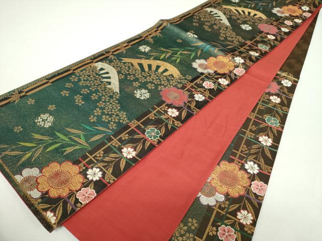 平和屋着物▼六通柄袋帯　唐織　枝垂れ桜　片輪車　金銀糸　正絹　逸品　DABF7673ps