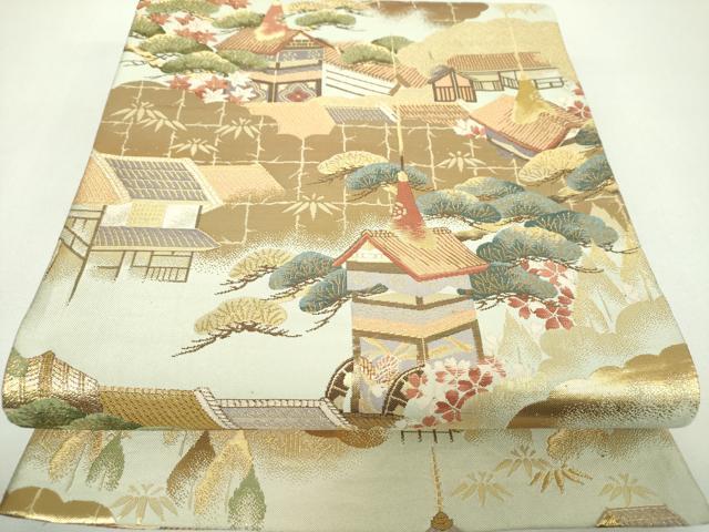 平和屋着物▼六通柄袋帯　雲取り風景花文　金糸　正絹　逸品　DABF7682ps