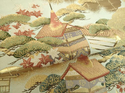 平和屋着物▼六通柄袋帯　雲取り風景花文　金糸　正絹　逸品　DABF7682ps