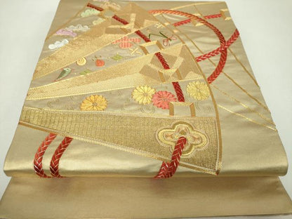 平和屋着物▼太鼓柄袋帯　駒刺繍　総刺繍　檜扇花文　金銀糸　正絹　逸品　DABF7685ps