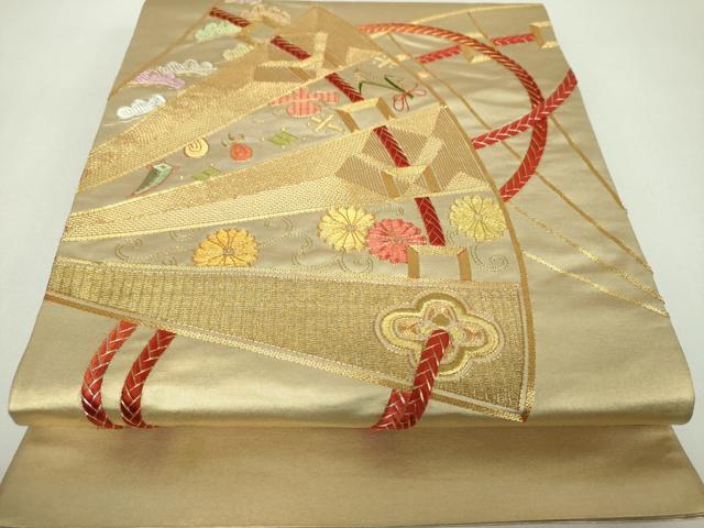 平和屋着物▼太鼓柄袋帯　駒刺繍　総刺繍　檜扇花文　金銀糸　正絹　逸品　DABF7685ps