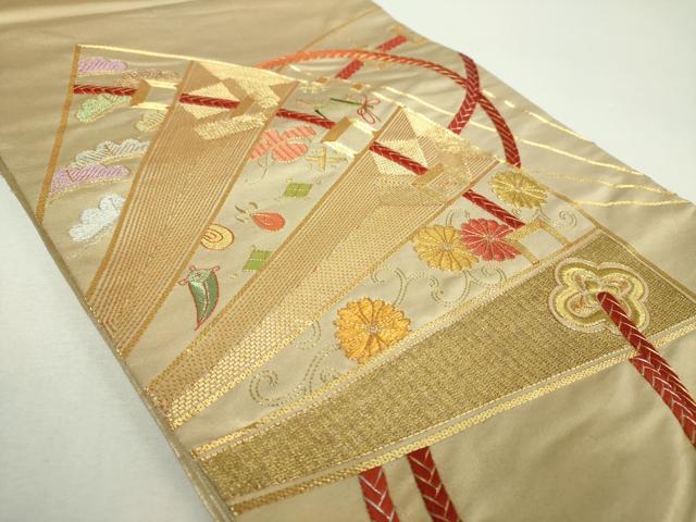 平和屋着物▼太鼓柄袋帯　駒刺繍　総刺繍　檜扇花文　金銀糸　正絹　逸品　DABF7685ps