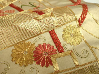 平和屋着物▼太鼓柄袋帯　駒刺繍　総刺繍　檜扇花文　金銀糸　正絹　逸品　DABF7685ps