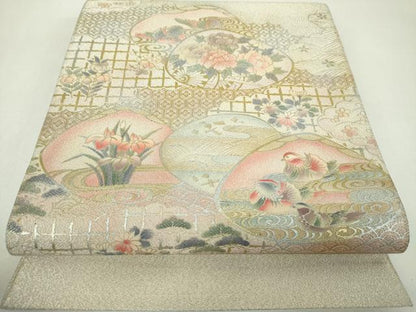 平和屋着物▼綴れ　太鼓柄袋帯　貝合わせ鴛鴦花文　金銀彩　正絹　逸品　DABF7687ps