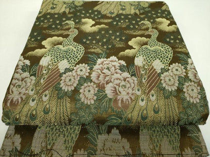 平和屋着物▼アンティーク　大正ロマン　丸帯　唐織　引き抜き帯　孔雀花文　正絹　逸品　DABF7689ps