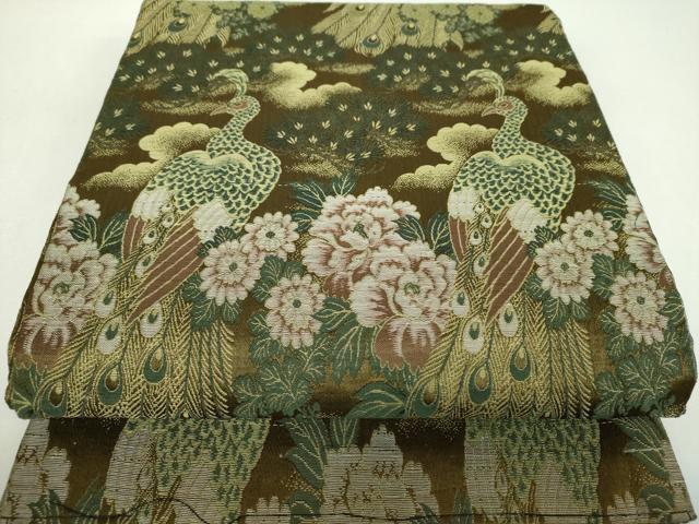 平和屋着物▼アンティーク　大正ロマン　丸帯　唐織　引き抜き帯　孔雀花文　正絹　逸品　DABF7689ps