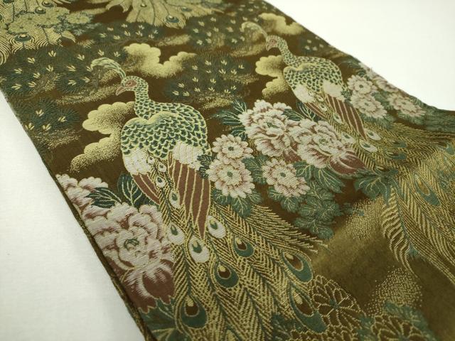 平和屋着物▼アンティーク　大正ロマン　丸帯　唐織　引き抜き帯　孔雀花文　正絹　逸品　DABF7689ps