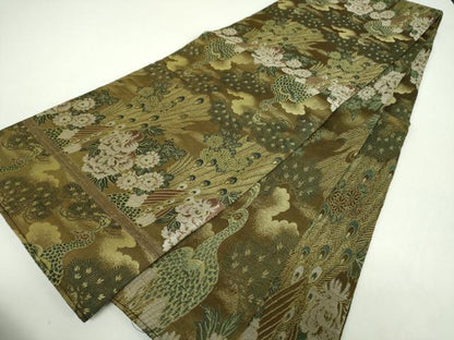 平和屋着物▼アンティーク　大正ロマン　丸帯　唐織　引き抜き帯　孔雀花文　正絹　逸品　DABF7689ps