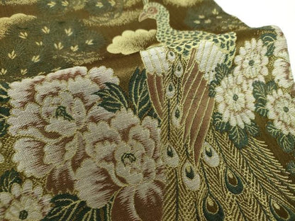 平和屋着物▼アンティーク　大正ロマン　丸帯　唐織　引き抜き帯　孔雀花文　正絹　逸品　DABF7689ps