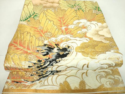 平和屋着物▼アンティーク　大正ロマン　丸帯　唐織　立波若松葉　金糸　正絹　逸品　DABF7690ps