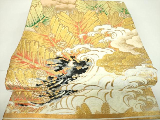 平和屋着物▼アンティーク　大正ロマン　丸帯　唐織　立波若松葉　金糸　正絹　逸品　DABF7690ps