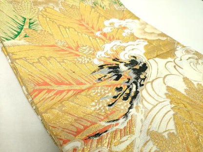 平和屋着物▼アンティーク　大正ロマン　丸帯　唐織　立波若松葉　金糸　正絹　逸品　DABF7690ps