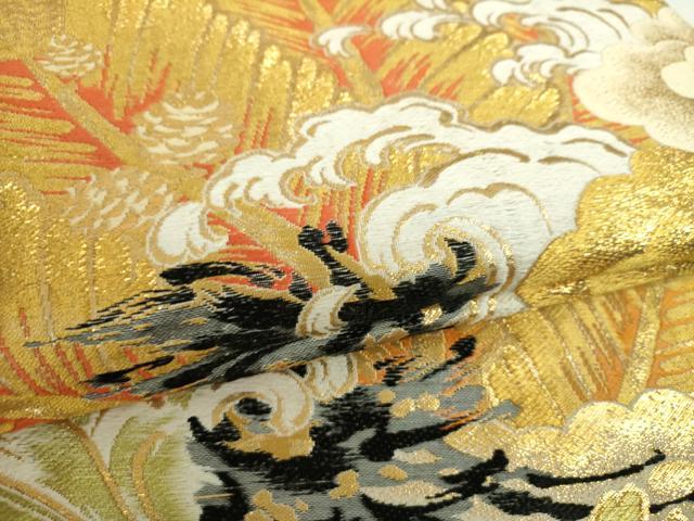 平和屋着物▼アンティーク　大正ロマン　丸帯　唐織　立波若松葉　金糸　正絹　逸品　DABF7690ps