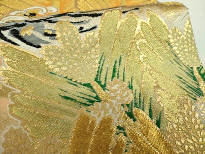 平和屋着物▼アンティーク　大正ロマン　丸帯　唐織　立波若松葉　金糸　正絹　逸品　DABF7690ps