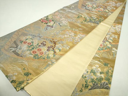平和屋着物▼六通柄袋帯　唐織　流水吉祥花絵巻　金銀糸　引箔　正絹　逸品　DABF7691ps